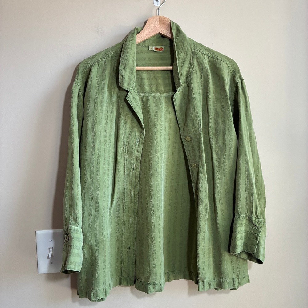 Tianello Bemberg Button Up Shirt Large Green Womens Garment Dyed Textured